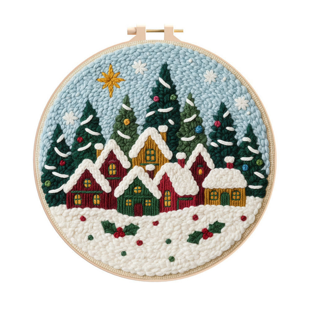 Twinkling Snowy Village Punch Needle Kit – Handmade Gift | Charming Seasonal Wall Piece - 8 inch Hoop Kit - image 0