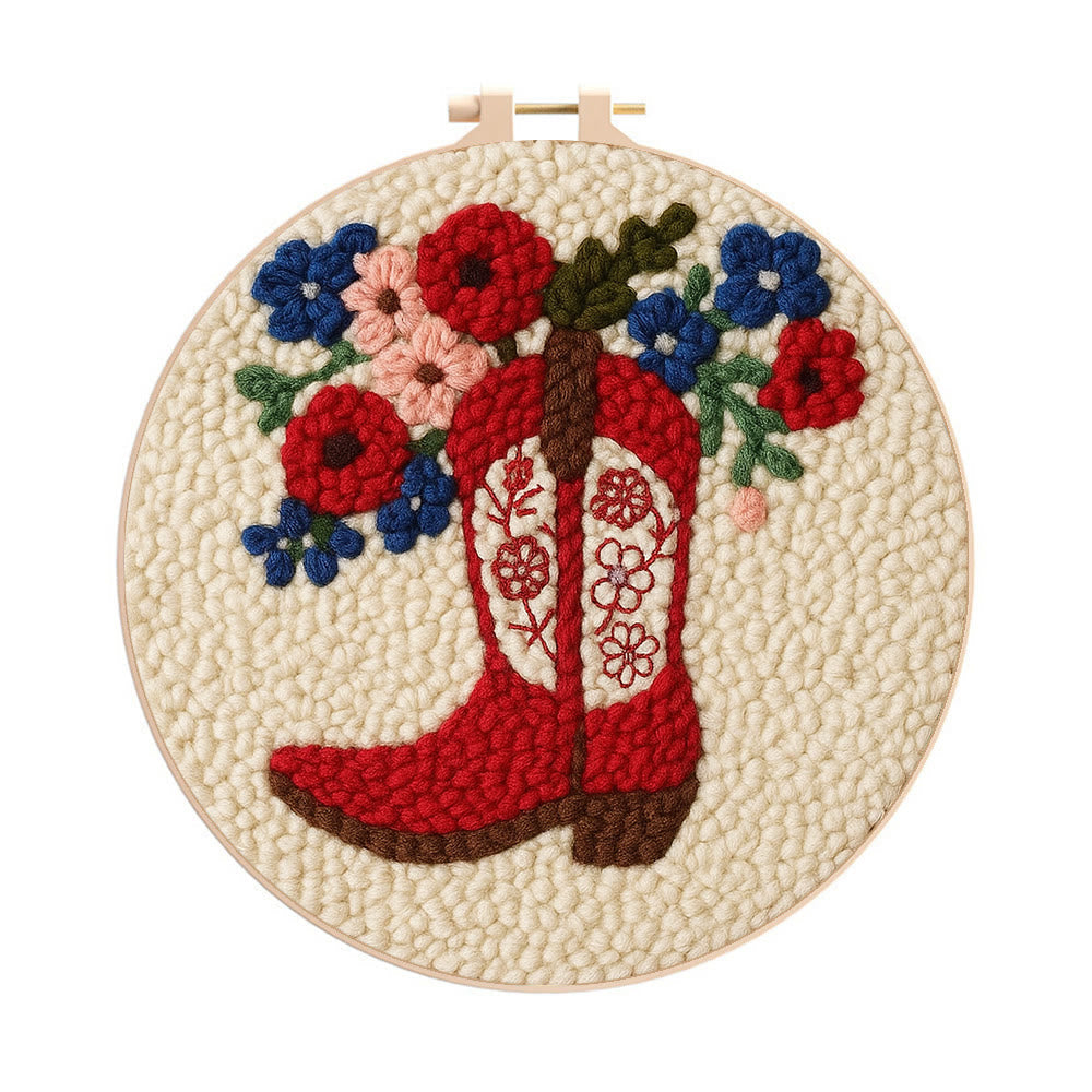 Floral Red Cowboy Boot Punch Needle Kit – Beginner Starter Handcraft | Room Decor Accent - 8 inch Hoop Kit - image 0