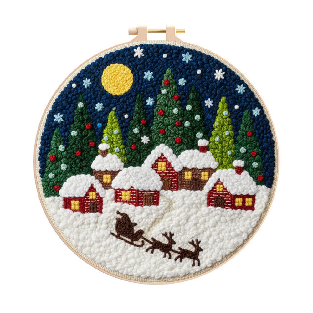 Moonlit Christmas Village Sled Punch Needle Kit – Beginner Hoop Art | Personalized Christmas Gift for Her - 8 inch Hoop Kit - image 0