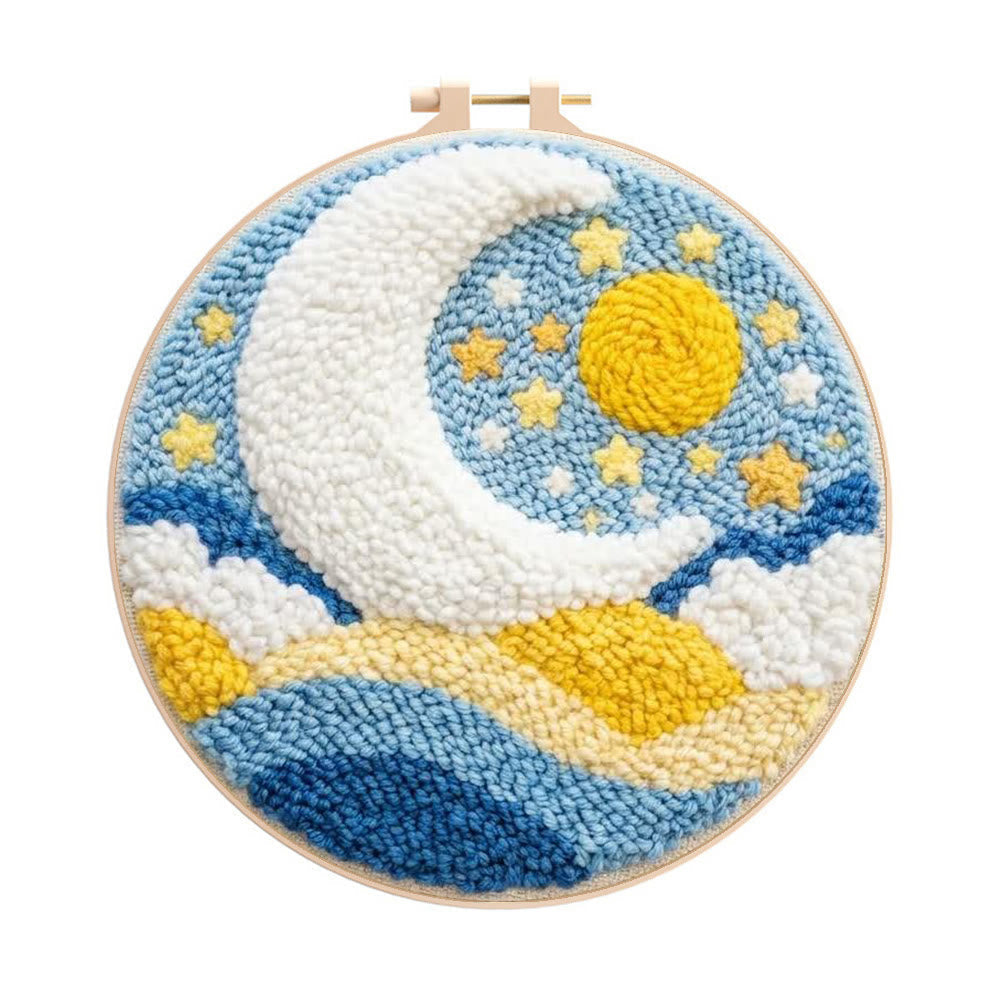 Starry Moon And Clouds Punch Needle Kit – Creative Diy Hoop Project | Unique Creative Project - 8 inch Hoop Kit - image 0