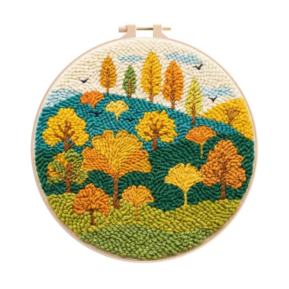 Autumnal Colorful Woods Punch Needle Kit – Easy Diy Creation | Delightful Art Gift - 8 inch Hoop Kit - image 0