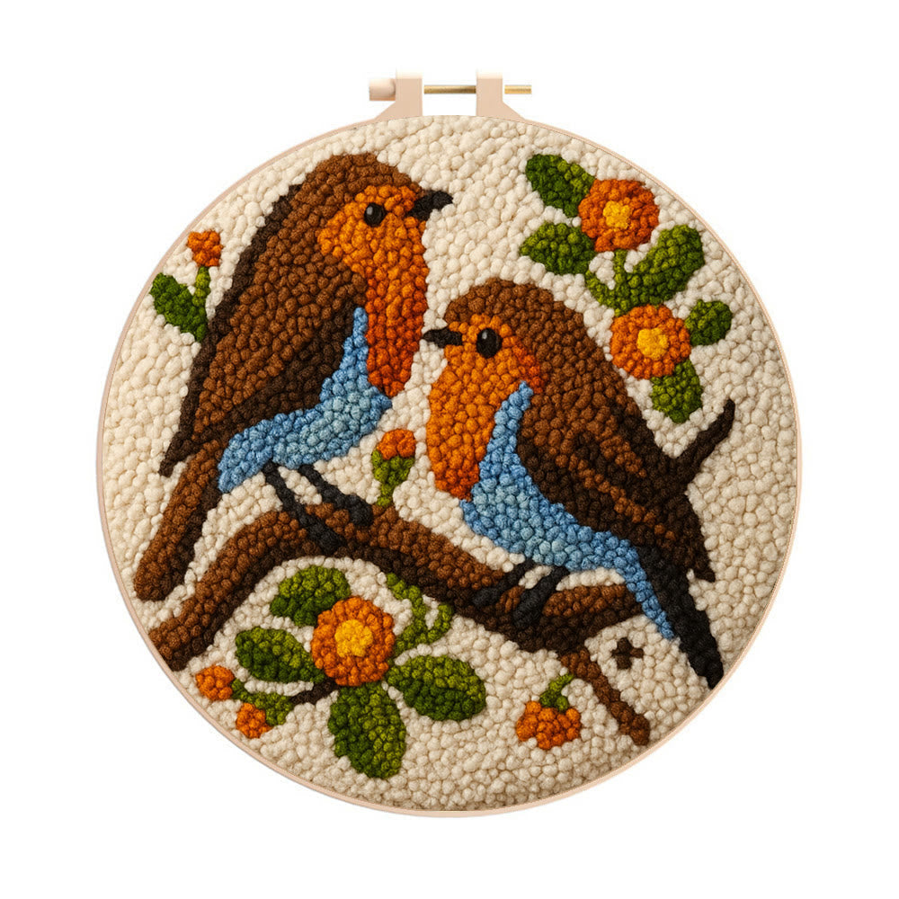 Twin Songbirds Floral Branch Punch Needle Kit – Diy Hand Embroidery | Elegant Home Decor Accent - 8 inch Hoop Kit - image 0