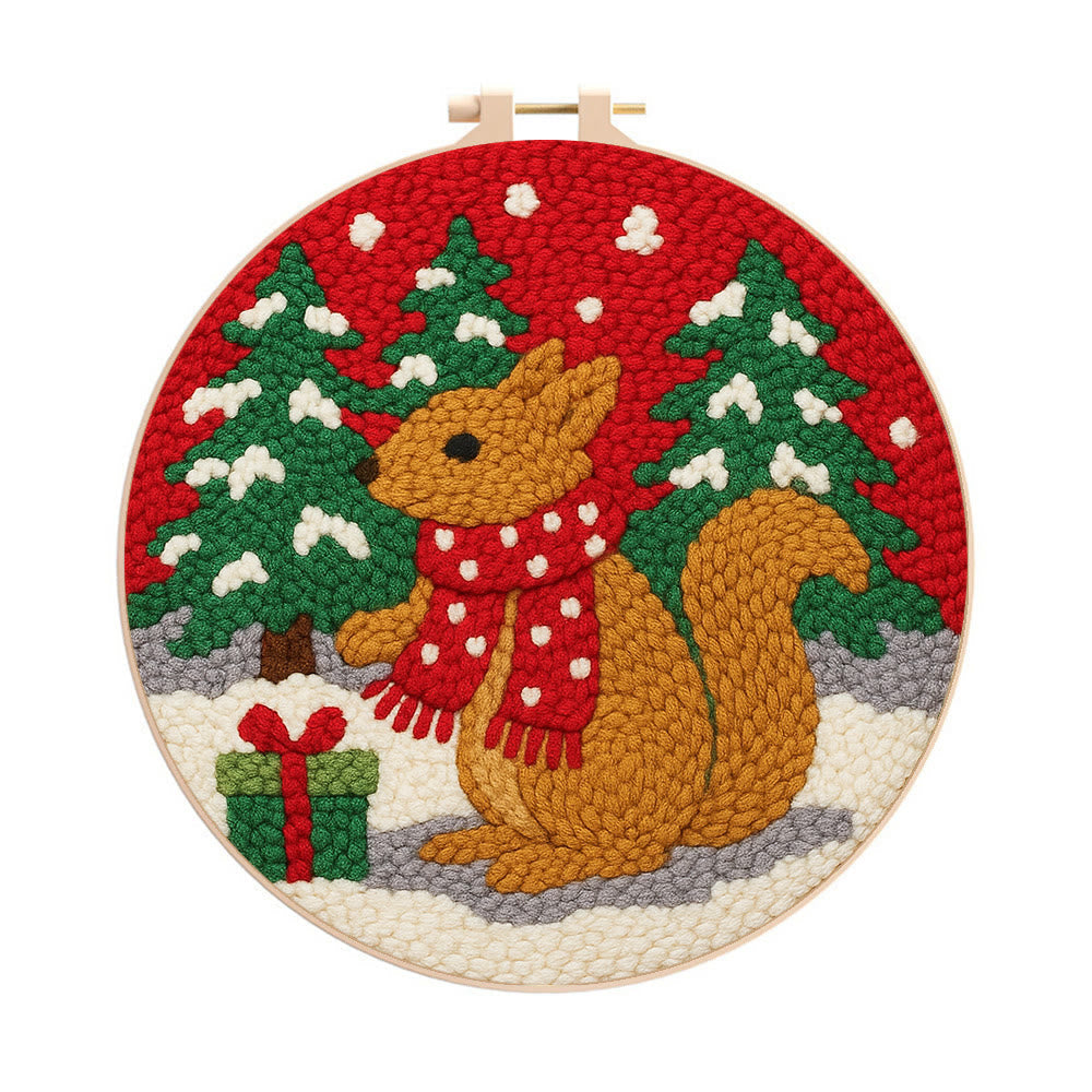 Festive Scarfed Squirrel Punch Needle Kit – Fun-filled Craft Endeavor | Holiday Top Gift Pick - 8 inch Hoop Kit - image 0