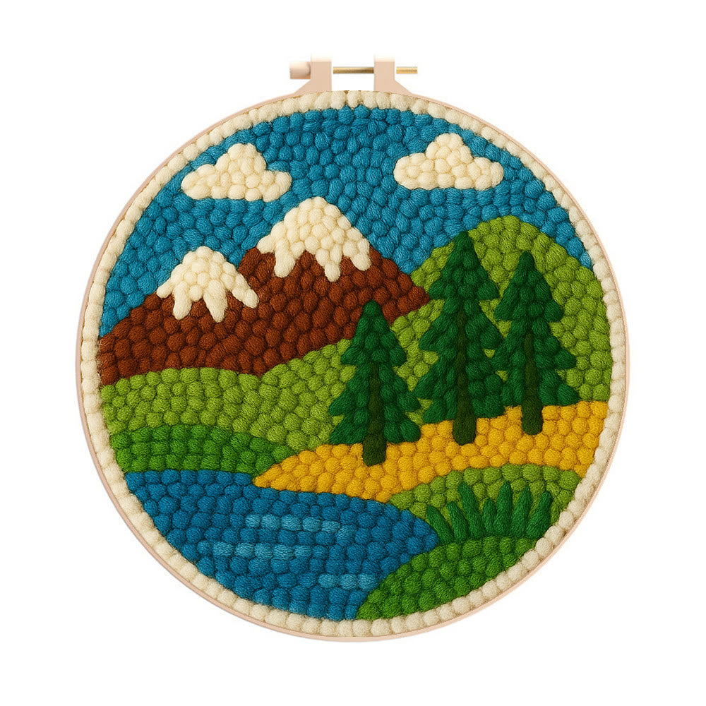 Mountain Lake Landscape Punch Needle Kit – Beginning Project | Playful Decorative Hanging - 8 inch Hoop Kit - image 0