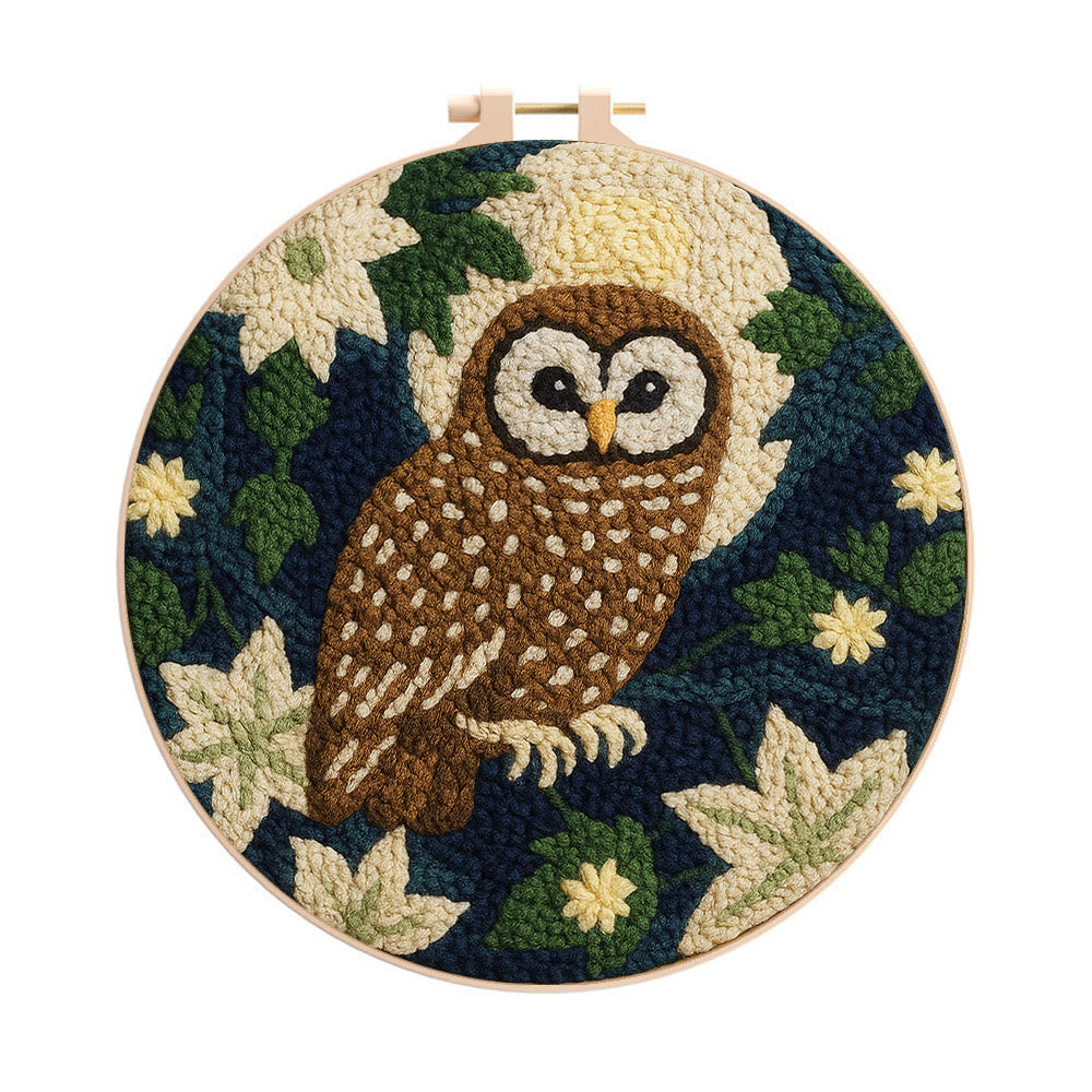 Nocturnal Owl Floral Punch Needle Kit – Artisanal Handcraft Creation | Exquisite Wall Hanging - 8 inch Hoop Kit - image 0