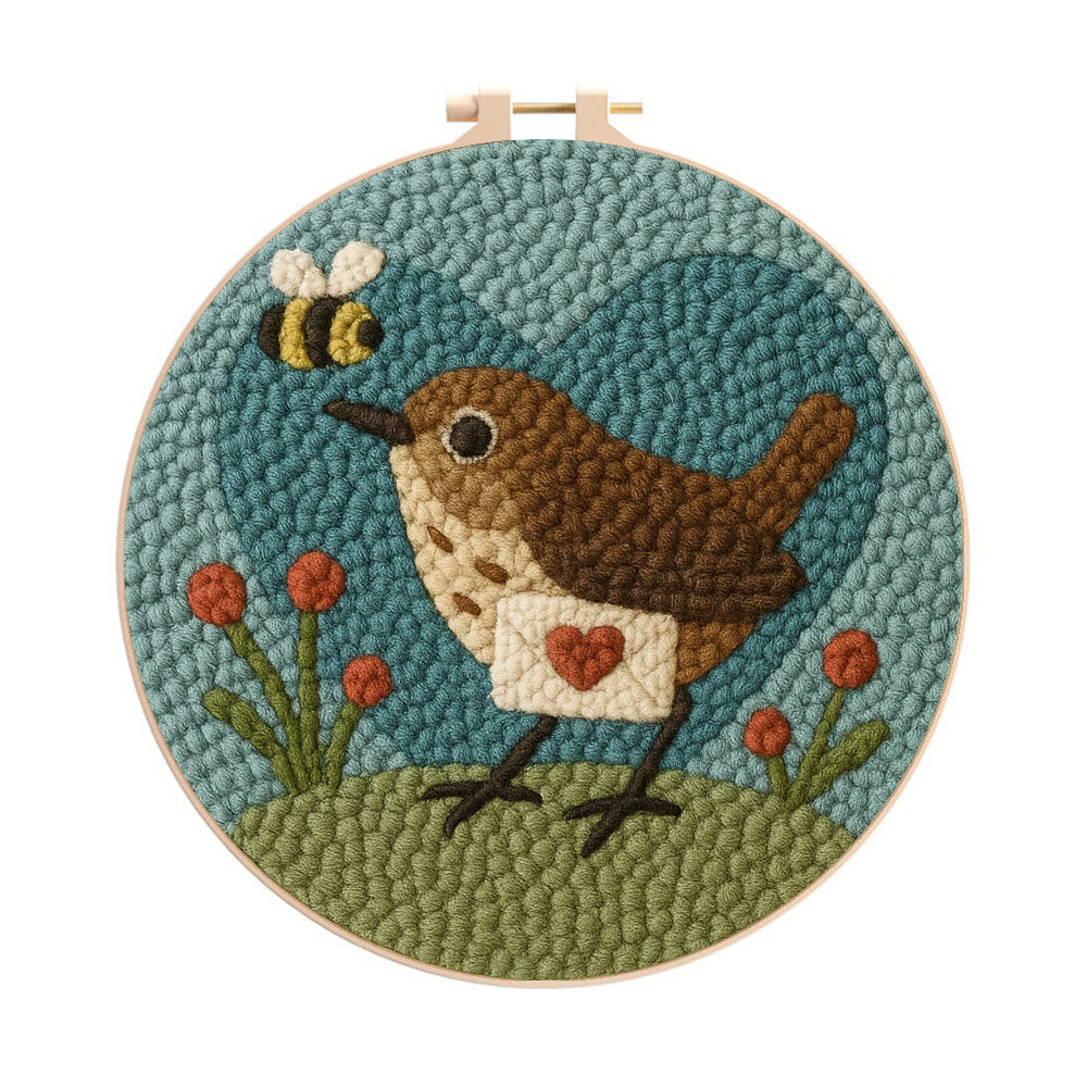 Bird and Bee Heart-Themed Punch Needle Kit – Beginner-Friendly DIY Choice | Charming Decorative Piece - 8 inch Hoop Kit - image 0