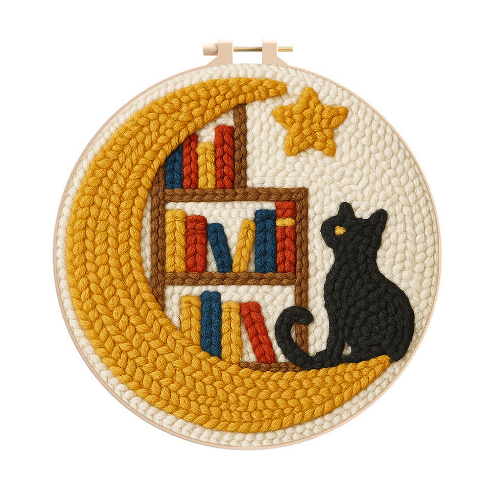 Moon Bookshelf and Black Cat Punch Needle Kit – Gifting Top Pick | Exquisite Hanging Decor - 8 inch Hoop Kit - image 0