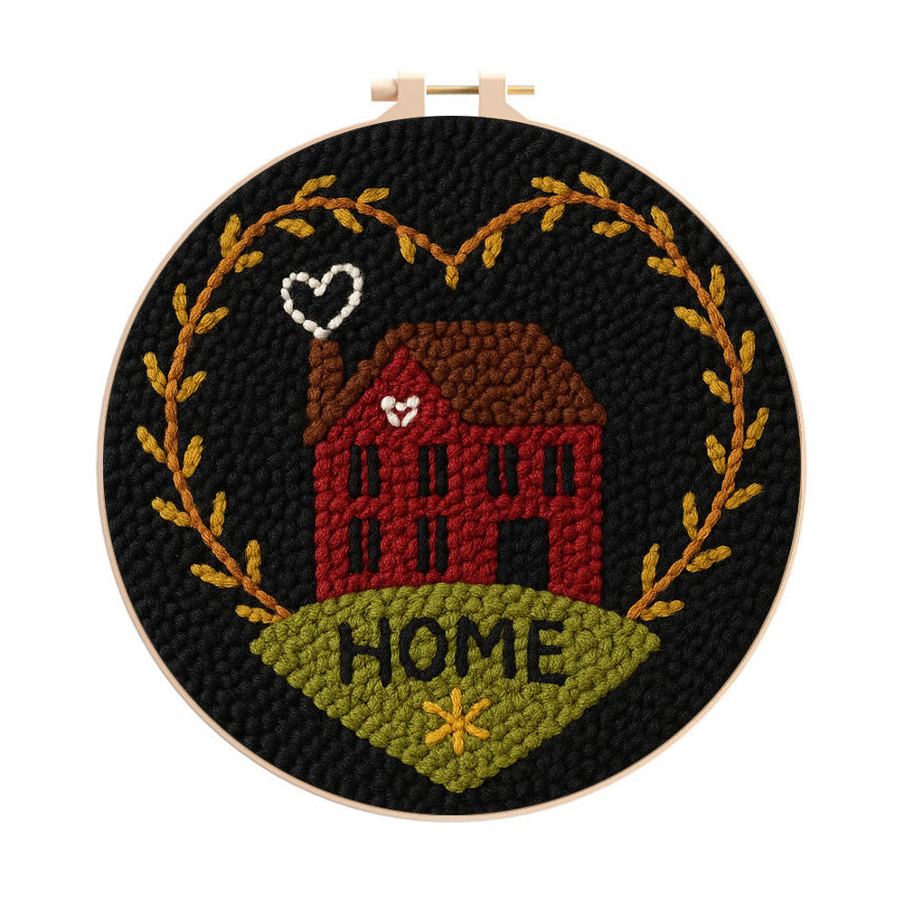 Home-themed House And Wreath Punch Needle Kit – Hassle-free Diy Project | Delightful Handcraft Creation - 8 inch Hoop Kit - image 0