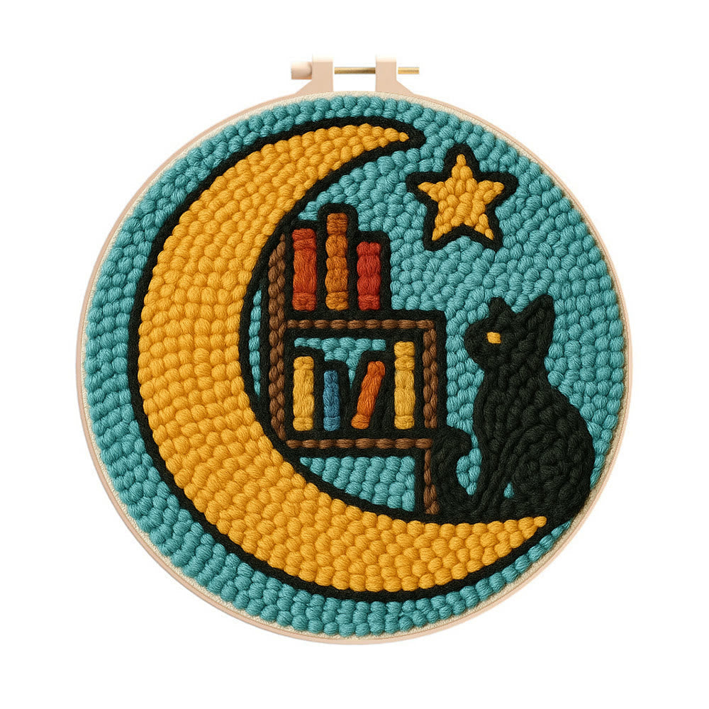 Lunar Bookshelf And Black Cat Punch Needle Kit – Effortless Handcraft Project | Atmospheric Decorative Hanger - 8 inch Hoop Kit - image 0