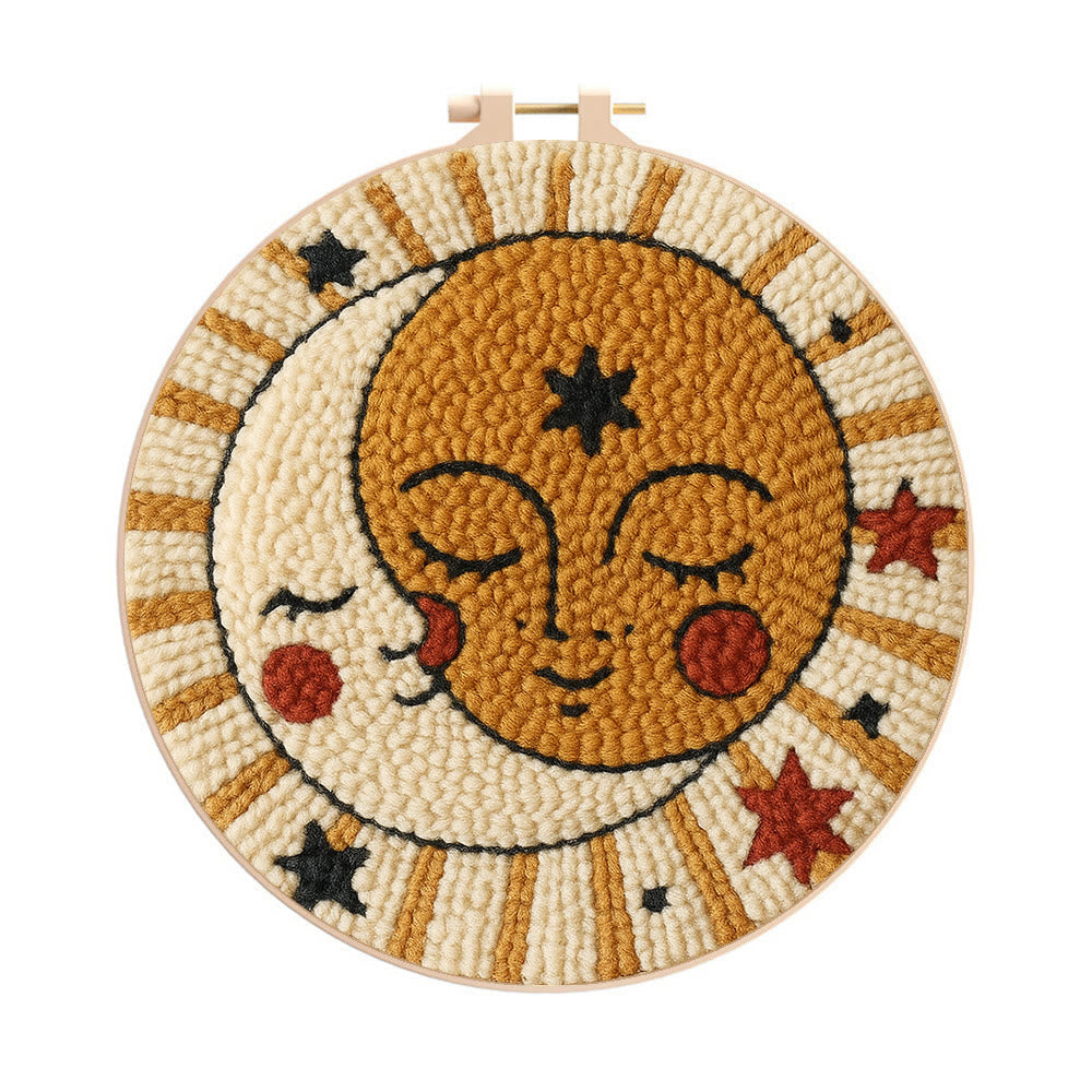 Whimsical Sun Moon Face Punch Needle Kit – Beginner-friendly Handcraft | Creative Decor Hanger - 8 inch Hoop Kit - image 0
