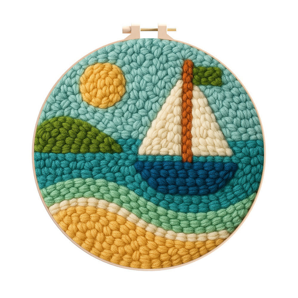 Coastal Sailboat Scene Punch Needle Kit – Novice-ready Handcraft | Charming Decor Accent - 8 inch Hoop Kit - image 0