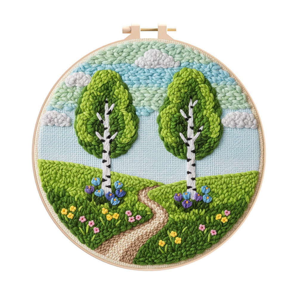 Spring Woodland Path Punch Needle Kit – Entry-level Diy Craft | Indoor Scenic Wall Hanging - 8 inch Hoop Kit - image 0