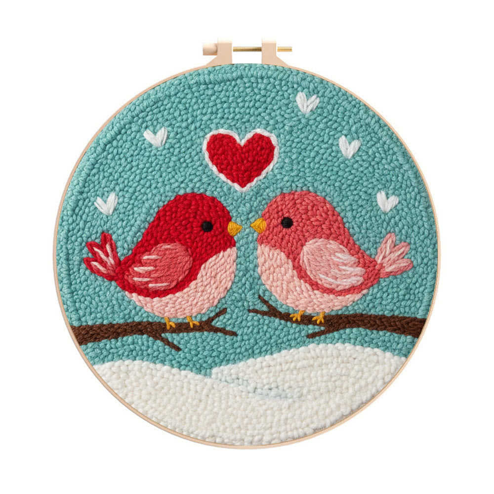 Loving Bird Pair Snowy Backdrop Punch Needle Kit – Beginner-simple DIY Creation | Home Decor Ornament - 8 inch Hoop Kit - image 0