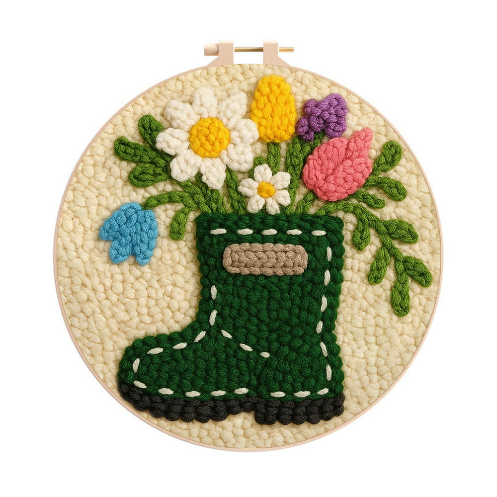 Colorful Garden Boot Floral Punch Needle Kit – Delicate Novice-ready Handcraft | Cozy Indoor Home Accent Piece - 8 inch Hoop Kit - image 0