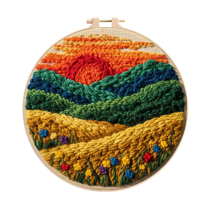 Vibrant Sunset Flower Field Punch Needle Kit – Exquisite Decorative Pendant | Top Gifting Choice - 8 inch Hoop Kit - image 0