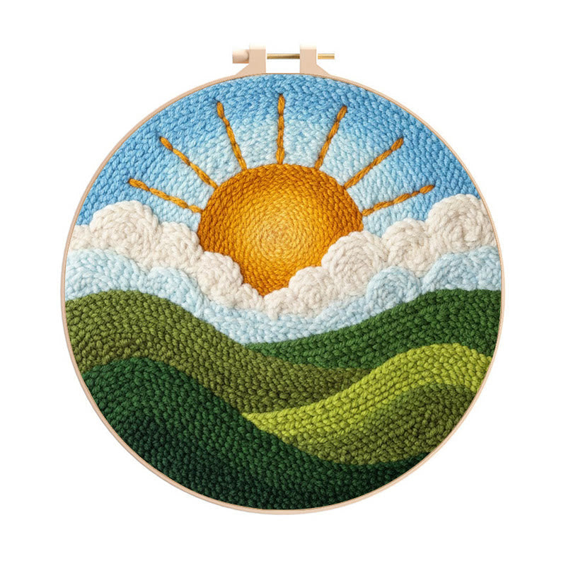 Bright Sunrise Cloudscape Green Hills Punch Needle Kit – Handcrafted Decor Hanger | Novice Friendly Diy Project - 8 inch Hoop Kit - image 0