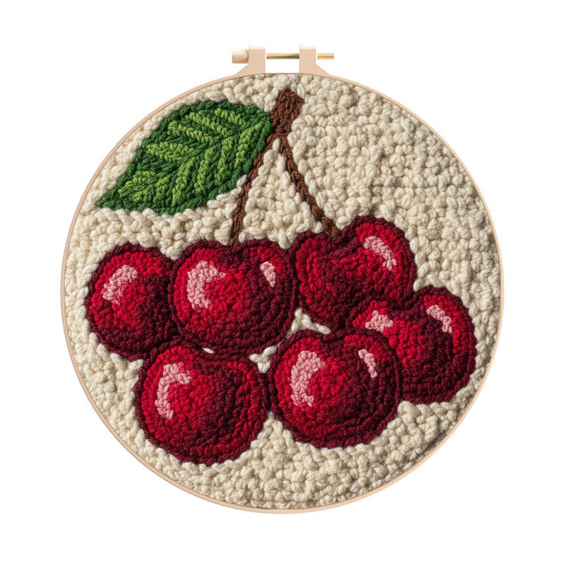 Plump Red Cherry Cluster Punch Needle Kit – Simple Handmade Project | Exquisite Decor Pendant - 8 inch Hoop Kit - image 0