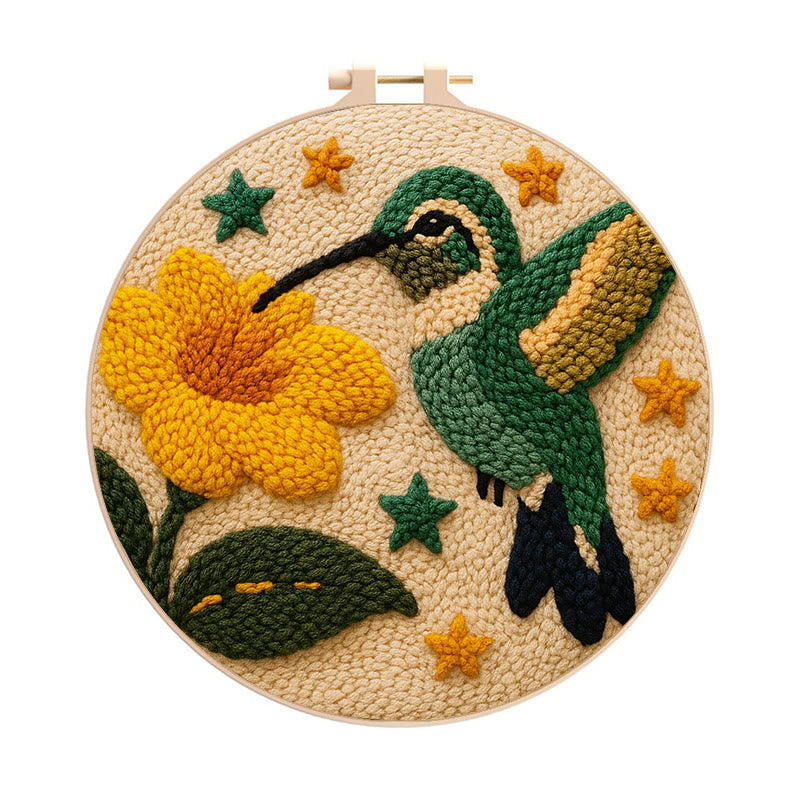 Hummingbird With Yellow Flower And Star Detail Punch Needle Kit – Easy-to-master Diy Craft | Elegant Decor Pendant - 8 inch Hoop Kit - image 0
