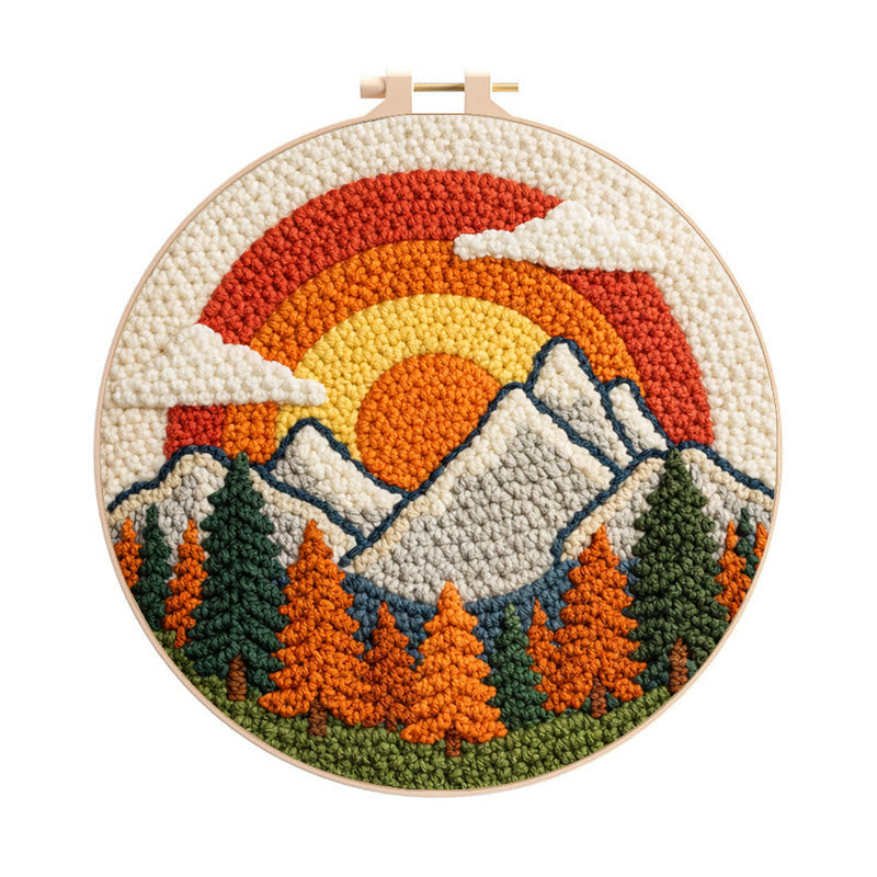 Vibrant Rainbow Mountain Sunrise Punch Needle Kit – Cheerful Handcraft Creation | Newbie-friendly Diy Project - 8 inch Hoop Kit - image 0