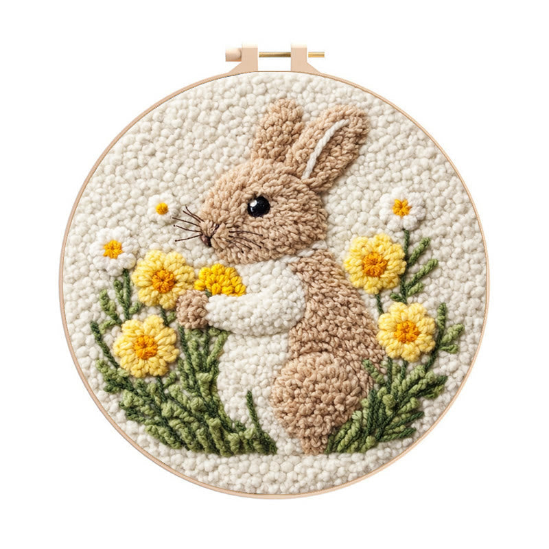 Daisy-snuggling Bunny Punch Needle Kit – Inventive Handcraft Creation | Newcomer-easy Diy Project - 8 inch Hoop Kit - image 0