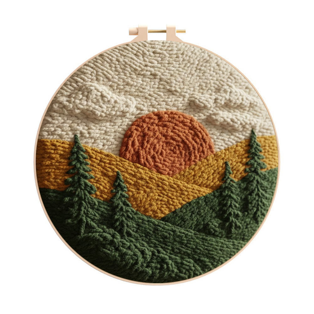 Autumnal Sunset Mountain Forest Punch Needle Kit – Top Gifting Choice | Cozy Warm Home Decor - 8 inch Hoop Kit - image 0