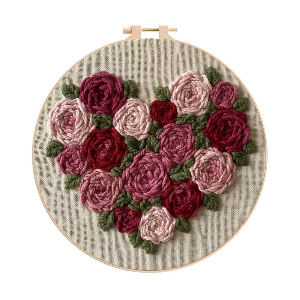 Heart-shaped Rose Bouquet Punch Needle Kit – Thoughtful Gift For Her | Exquisite Decorative Pendant - 8 inch Hoop Kit - image 0
