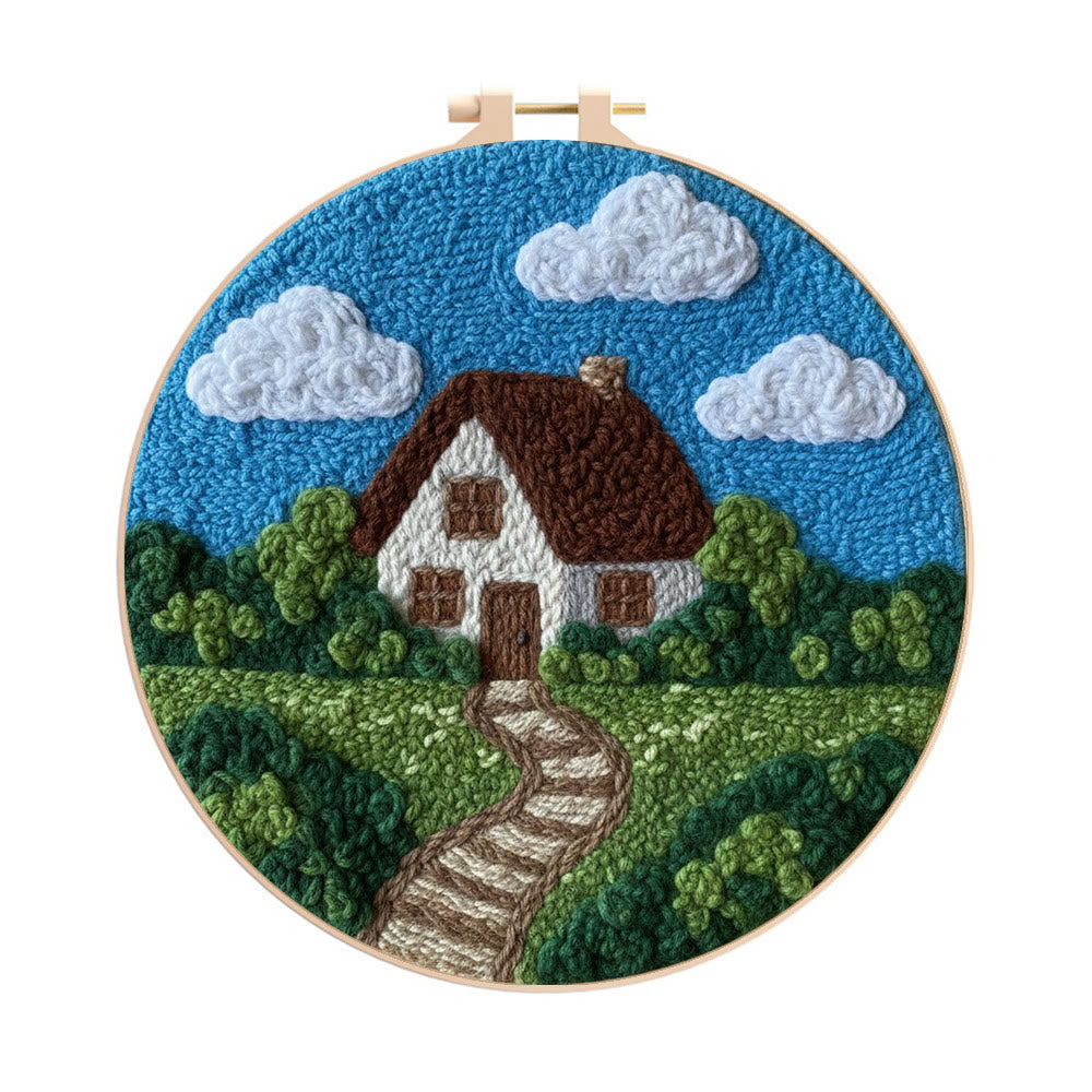 Woodland Cottage Pathscape Punch Needle Kit – Delightful Gift For Home Lovers | Charming Living Space Ornament - 8 inch Hoop Kit - image 0
