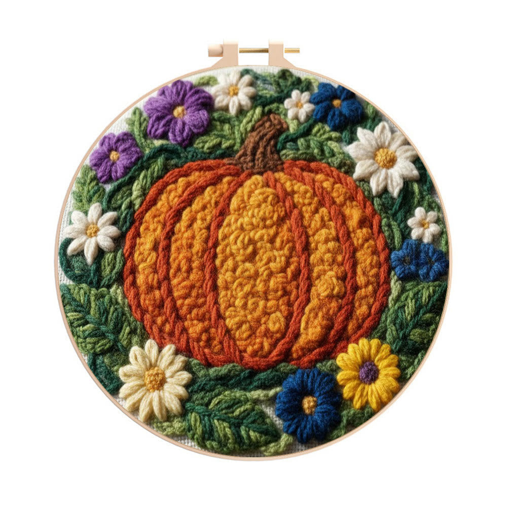 Vibrant Autumn Pumpkin Floral Punch Needle Kit – Exquisite Handcraft Piece | Ultimate Gifting Choice - 8 inch Hoop Kit - image 0