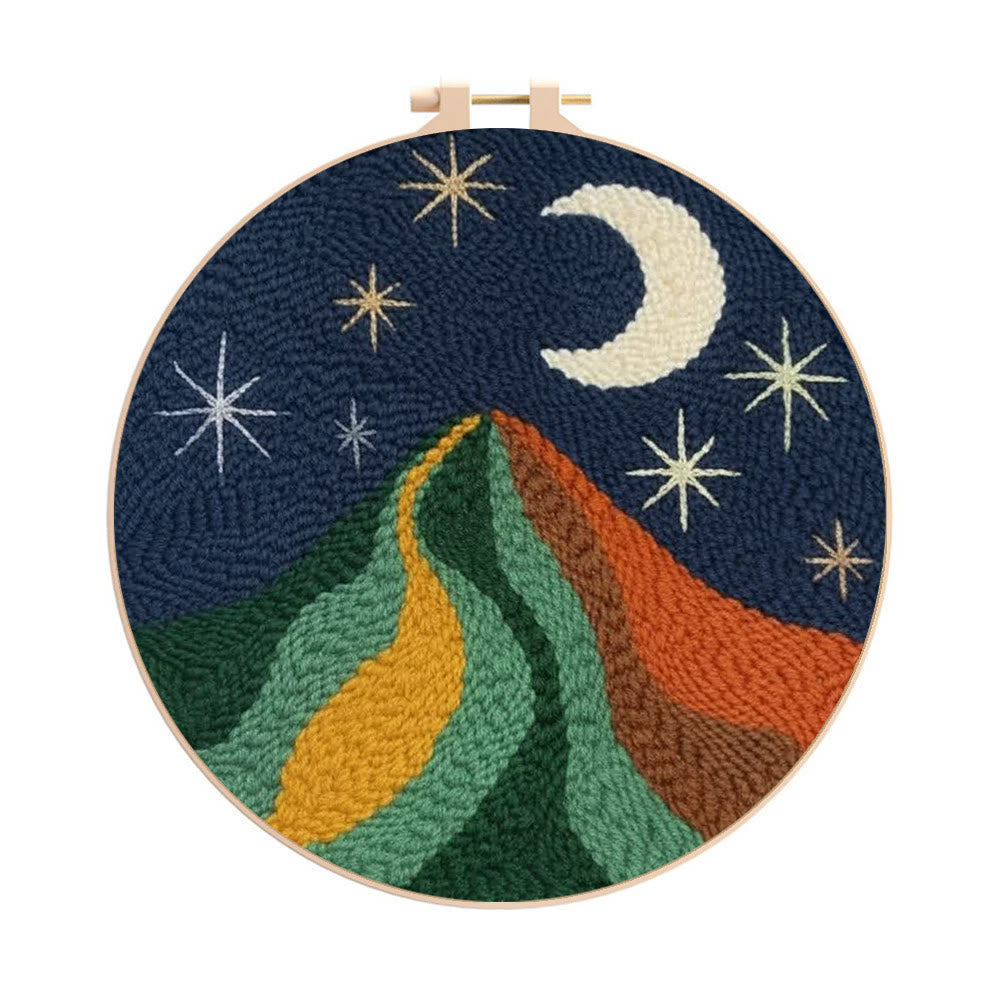 Starry Moonlit Mountainscape Punch Needle Kit – Newbie-friendly Diy Handcraft | Scenic Decorative Hanger - 8 inch Hoop Kit - image 0