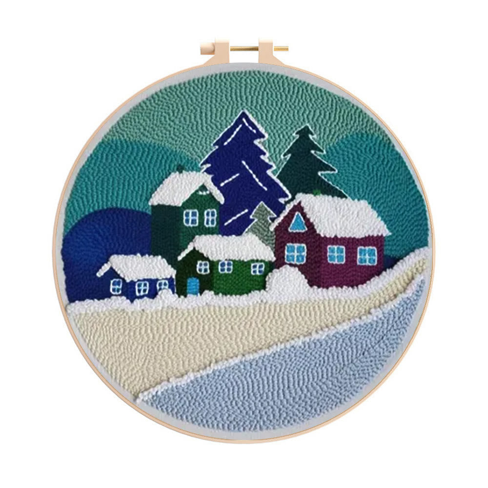 Snowy Winter Cottage Cluster Punch Needle Kit – Cozy Winter Home Decor Piece | Fun Easy Diy Handcraft - 8 inch Hoop Kit - image 0