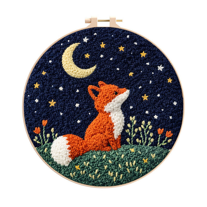 Starry Night Fox Punch Needle Kit – Whimsical Nature-themed Decor | Charming Gift For Animal Lovers - 8 inch Hoop Kit - image 0