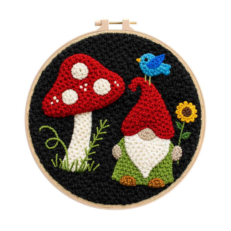 Mushroom Gnome Punch Needle Kit – Whimsical Handcraft | Cute Decorative Pendant - 8 inch Hoop Kit - image 0