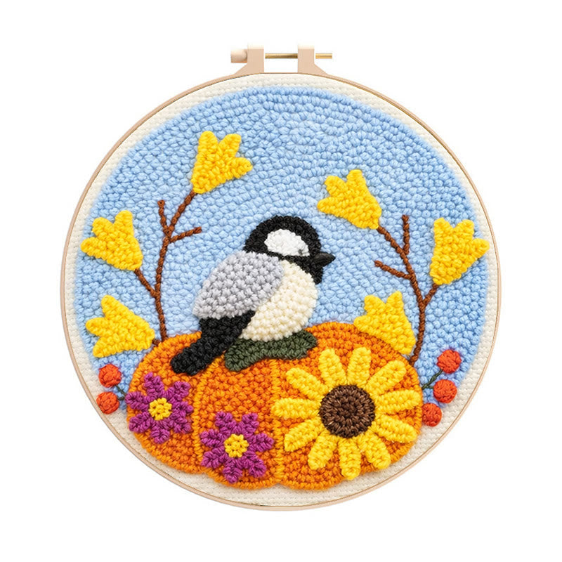 Autumn Pumpkin Bird Punch Needle Kit – Novice-friendly Diy | Seasonal Decor Accent - 8 inch Hoop Kit - image 0