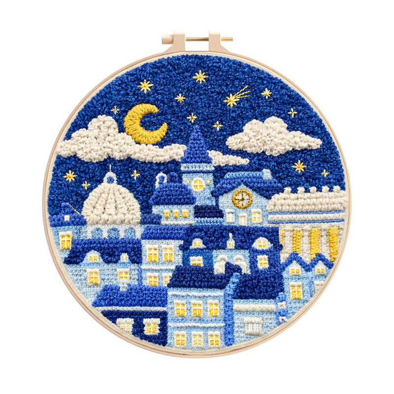 Starry Night Townscape Punch Needle Kit – Fun Handcraft Diy | Cozy Home Decor - 8 inch Hoop Kit - image 0