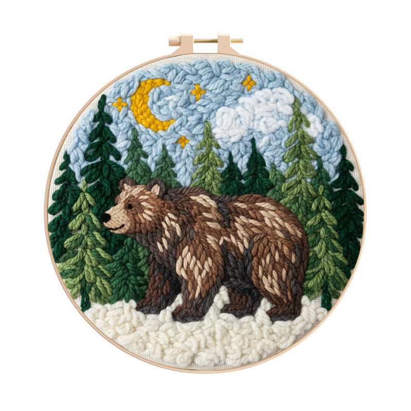 Moonlit Forest Brown Bear Punch Needle Kit - Easy DIY Project | Nature Themed Home Display Item - 8 inch Hoop Kit - image 0