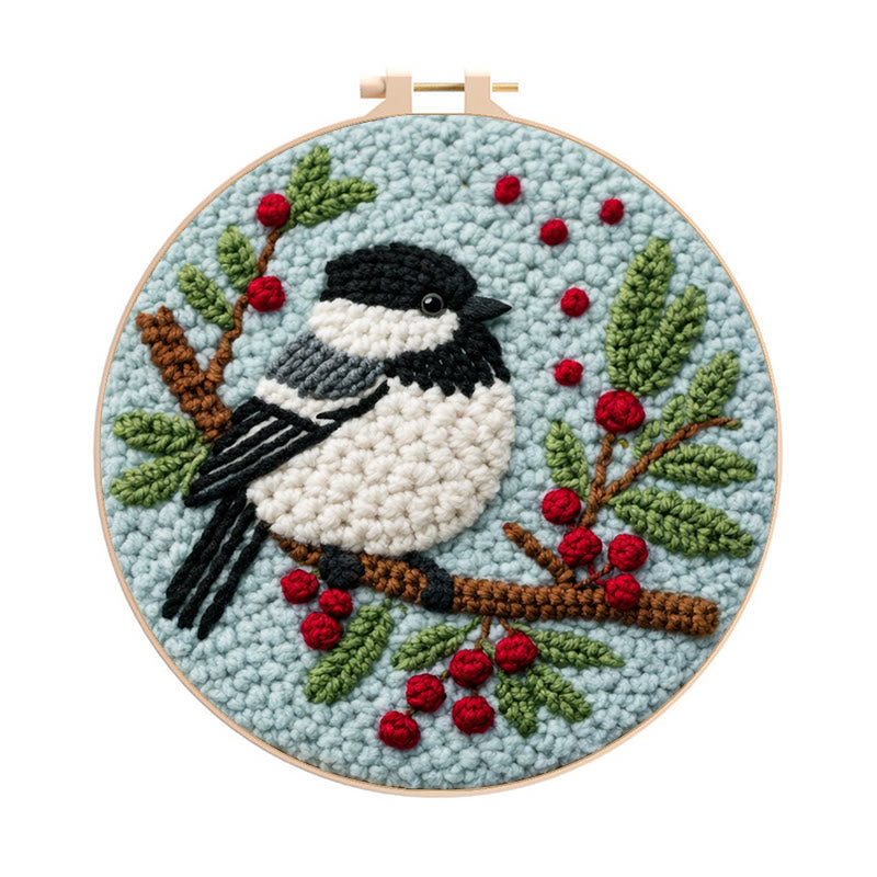 Winter Berry Chickadee Punch Needle Kit - Thoughtful Gift For Her | Adorable Home Decor Piece - 8 inch Hoop Kit - image 0
