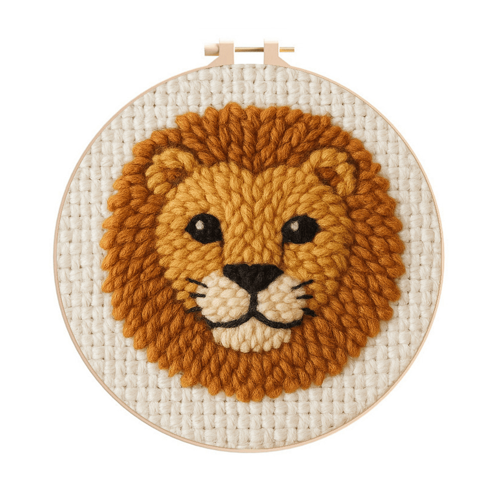 Cute Lion Punch Needle Kit - Handmade Animal Yarn Craft  | Diy Gift For Child - 8 inch Hoop Kit - image 0