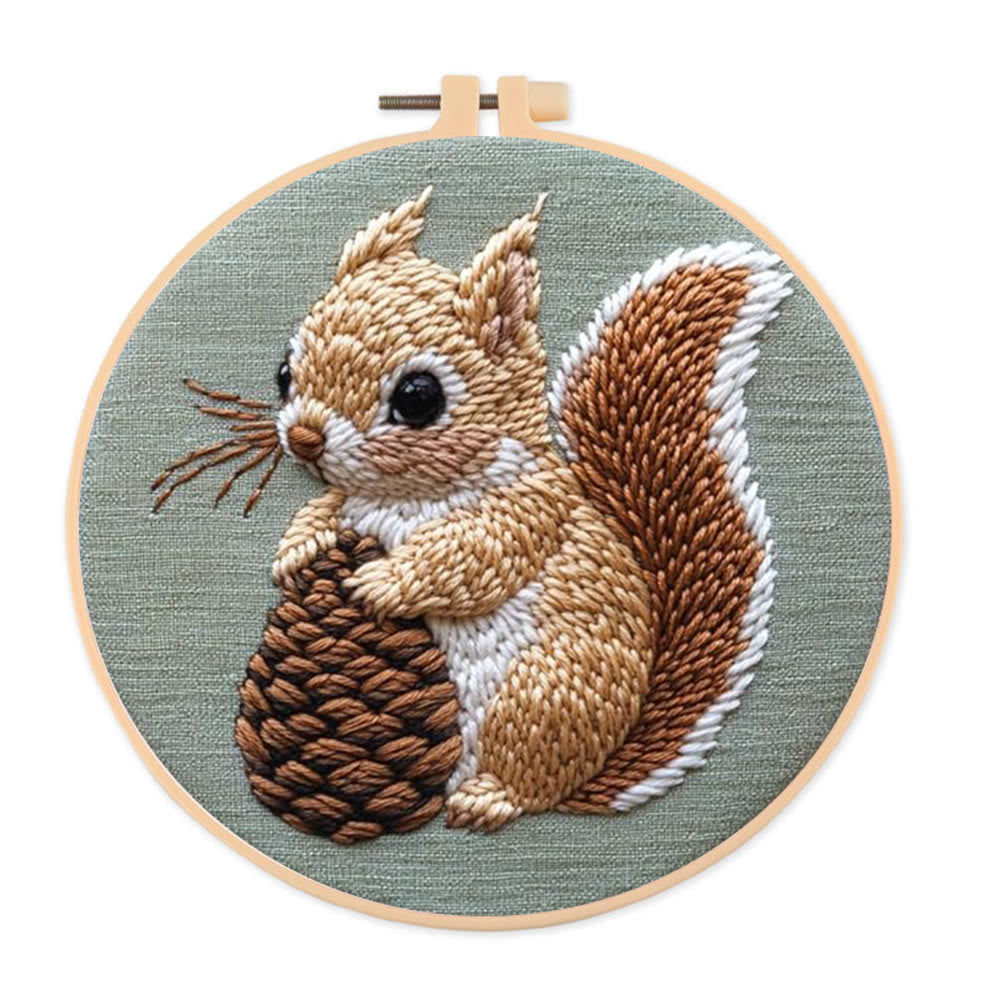  Squirrel And Pine Cone Punch Needle Kit - Winter Animal Craft | Diy Christmas Gifts - 8 inch Hoop Kit - image 0
